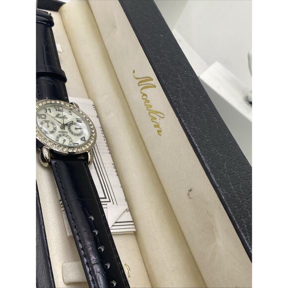 Moulin Vintage Mop Dial Calendar Date Vintage Rhinestone Watch New Battery main image 6
